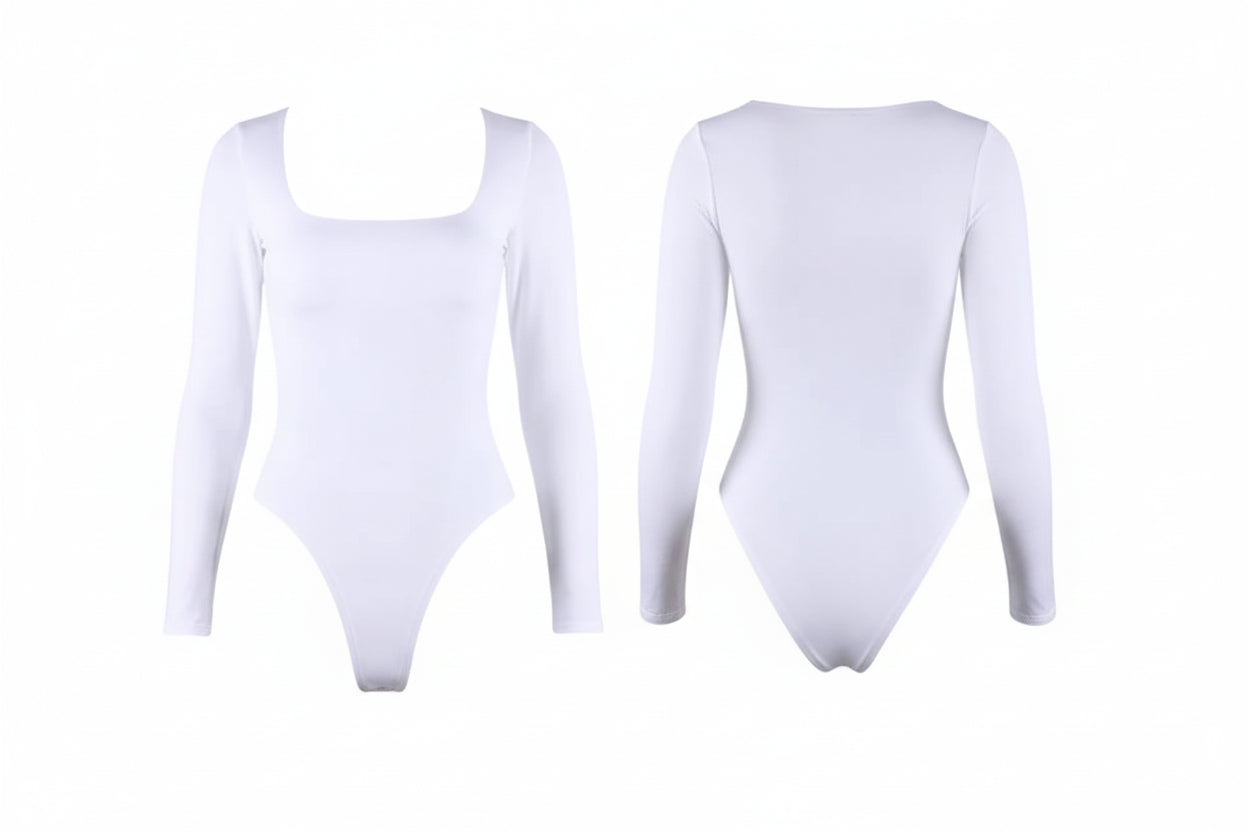 Long Sleeve Bodysuits Square-Cut Collar Solid Bodycon Elastic Romper