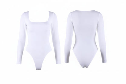 Long Sleeve Bodysuits Square-Cut Collar Solid Bodycon Elastic Romper