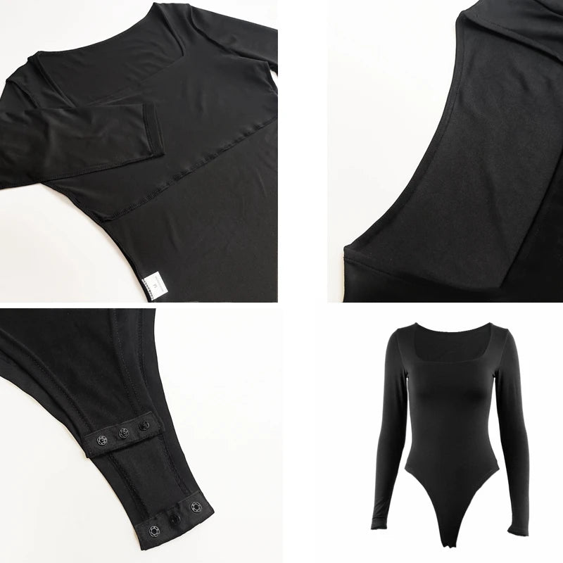 Long Sleeve Bodysuits Square-Cut Collar Solid Bodycon Elastic Romper