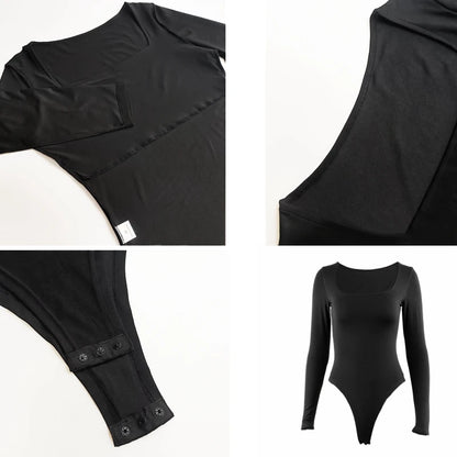 Long Sleeve Bodysuits Square-Cut Collar Solid Bodycon Elastic Romper