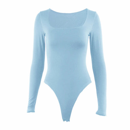 Long Sleeve Bodysuits Square-Cut Collar Solid Bodycon Elastic Romper