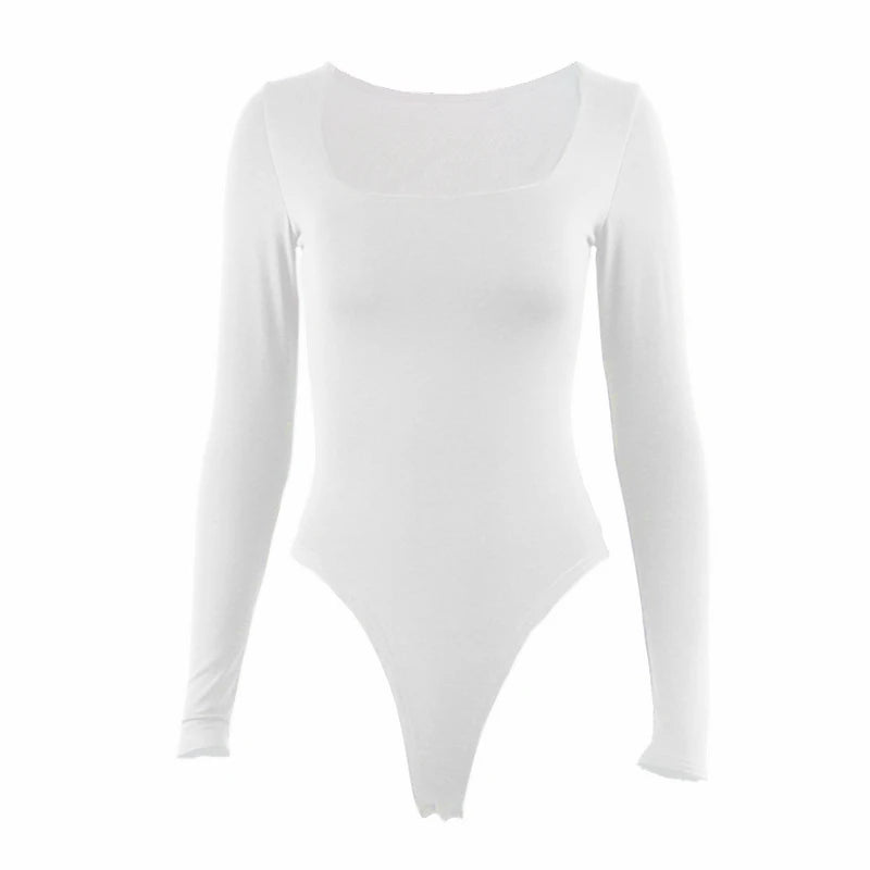 Long Sleeve Bodysuits Square-Cut Collar Solid Bodycon Elastic Romper