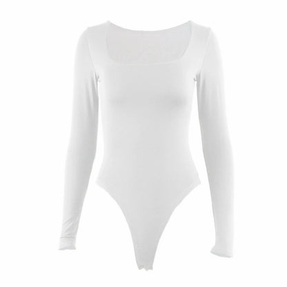 Long Sleeve Bodysuits Square-Cut Collar Solid Bodycon Elastic Romper