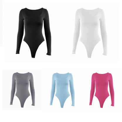 Long Sleeve Bodysuits Square-Cut Collar Solid Bodycon Elastic Romper