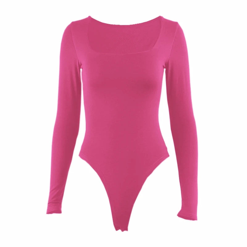 Long Sleeve Bodysuits Square-Cut Collar Solid Bodycon Elastic Romper