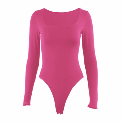 Long Sleeve Bodysuits Square-Cut Collar Solid Bodycon Elastic Romper