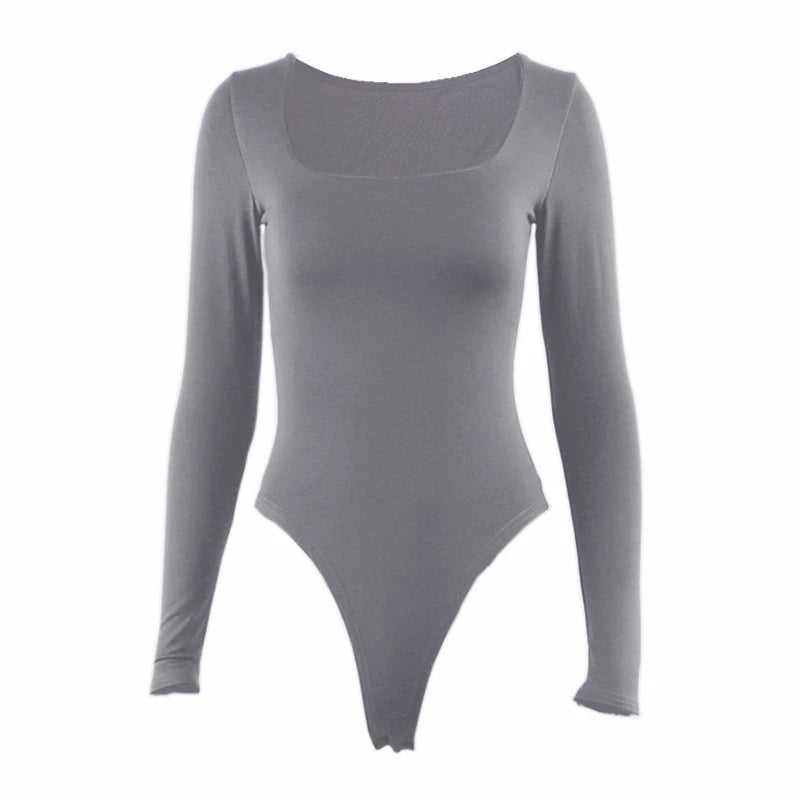 Long Sleeve Bodysuits Square-Cut Collar Solid Bodycon Elastic Romper