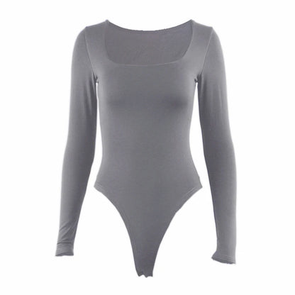 Long Sleeve Bodysuits Square-Cut Collar Solid Bodycon Elastic Romper